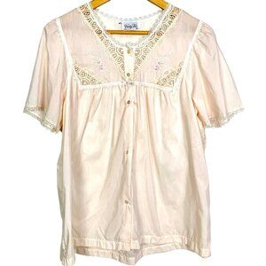 Vintage Vanity Fair Lace Trim Bed Jacket Night Top Button Front Pink Size M